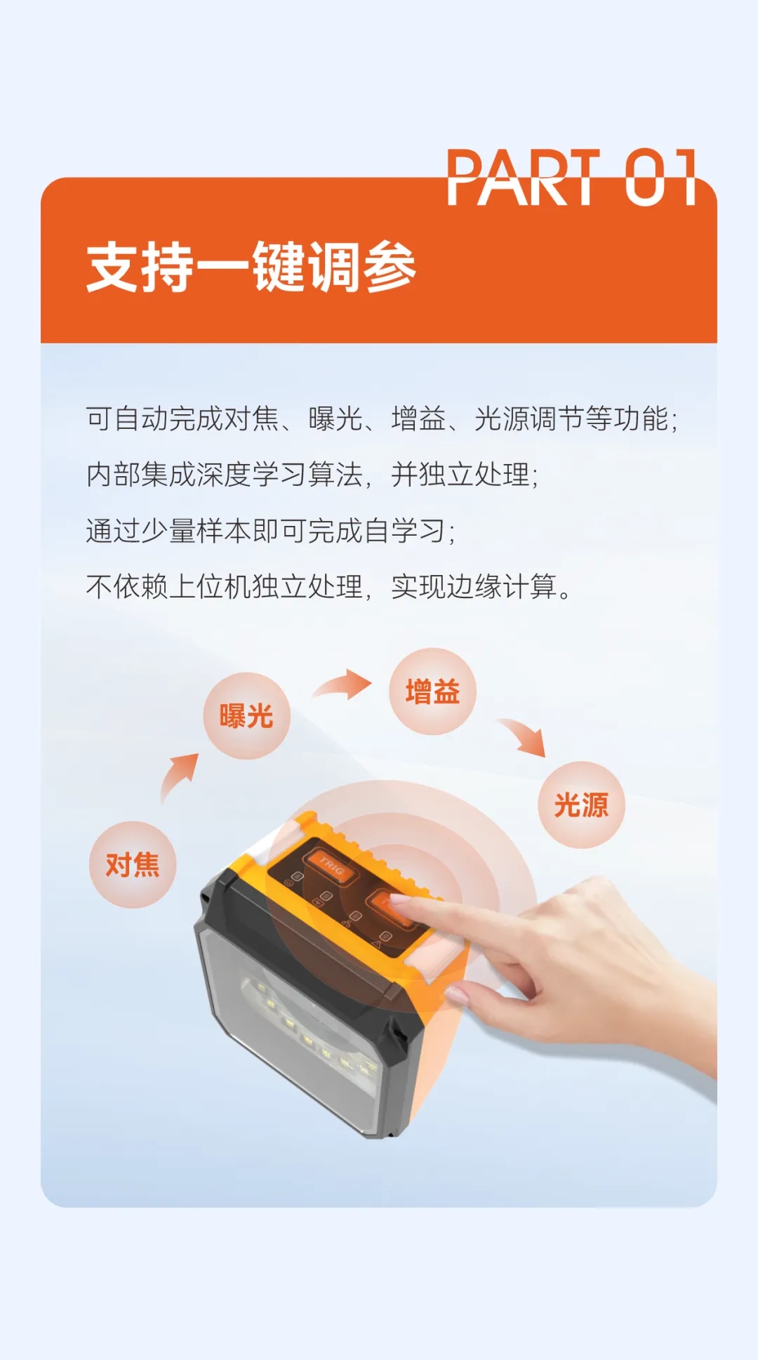 边缘视觉传感器利用高像素传感器与丰富多样的光学元件，可获取被测物的高清图像，配套软件通过内置的丰富算法工具，实现有无/计数/检测、测量、OCR、分类等功能配置，可应用于汽车零配件、3C、食品药品、电子半导体等行业。