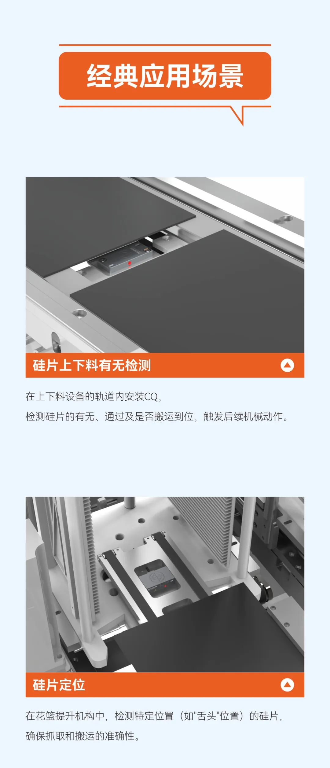 专为光伏行业而生，扁平型电容接近传感器CQ系列，300Hz极速响应、正/侧面调节旋钮、远程调试。完美匹配高速串焊机、划片机、贴标机等设备无需因传感器限速，让您的产线真正&ldquo;跑&rdquo;起来。