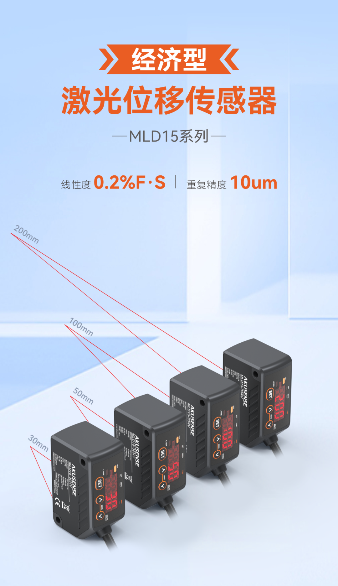 明治激光位移传感器MLD系列(MLD25、MLD33、MLD35)在工业精密测量场景中获得大量客户验证与复购。为进一步满足经济型市场需求，我们正式推出MLD15系列一一延续家族设计语言与核心测量技术，以更高性价比，让精准测距不再昂贵。