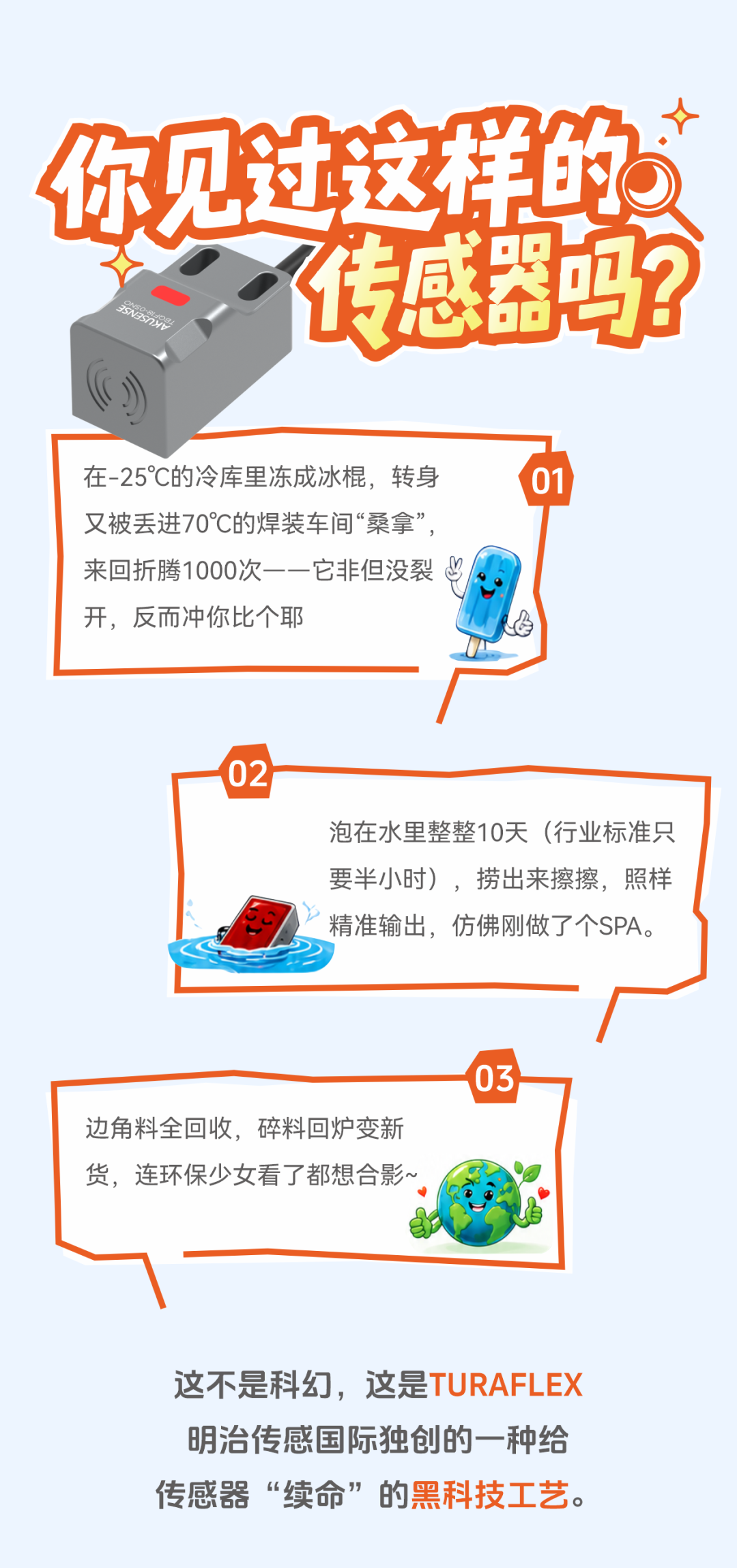 TURAFLEX 是什么？&mdash;&mdash;给传感器穿上&ldquo;金刚芭比&rdquo;的战衣。让传感器在极端温度、湿度、振动下，不裂、不飘、不废，同时从原料到回收，每一克材料都算得明明白白。凡是温差大、湿度高、振动猛的地方，TURAFLEX就是传感器最靠谱的"贴身保镖"。